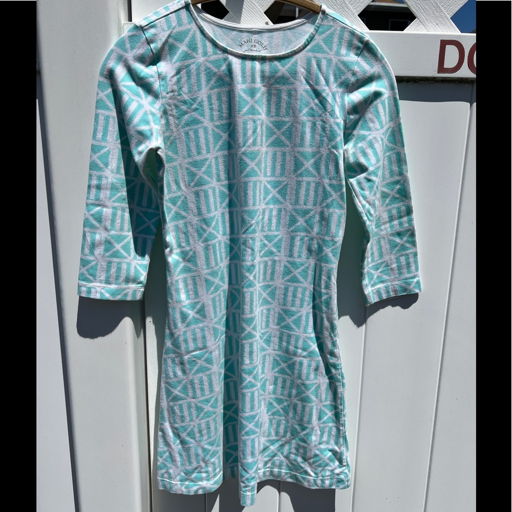 Mahi Gold size XSMALL blue and white 3/4 sleeve dress
